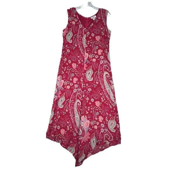 American Ange Dress Womens 10 Red Pink Paisley Asymmetric Midi‎ 90s Y2K Vintage - Picture 2 of 9